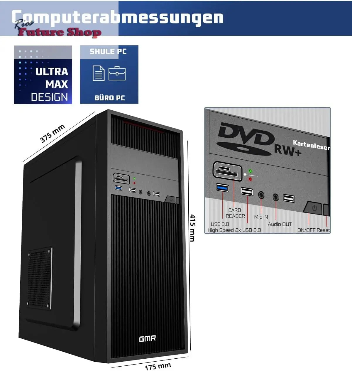 GMR Ultra Intel i7 PC - Calculadora rápida + Ordenador para Oficina y Oficina en casa con 32 GB DDR4 RAM/Memoria RAM - SSD de 2 TB - DVD+RW - USB 3.0 - WiFi 600 y Bluetooth 5 - Win 11 Pro - Rios Future Shop