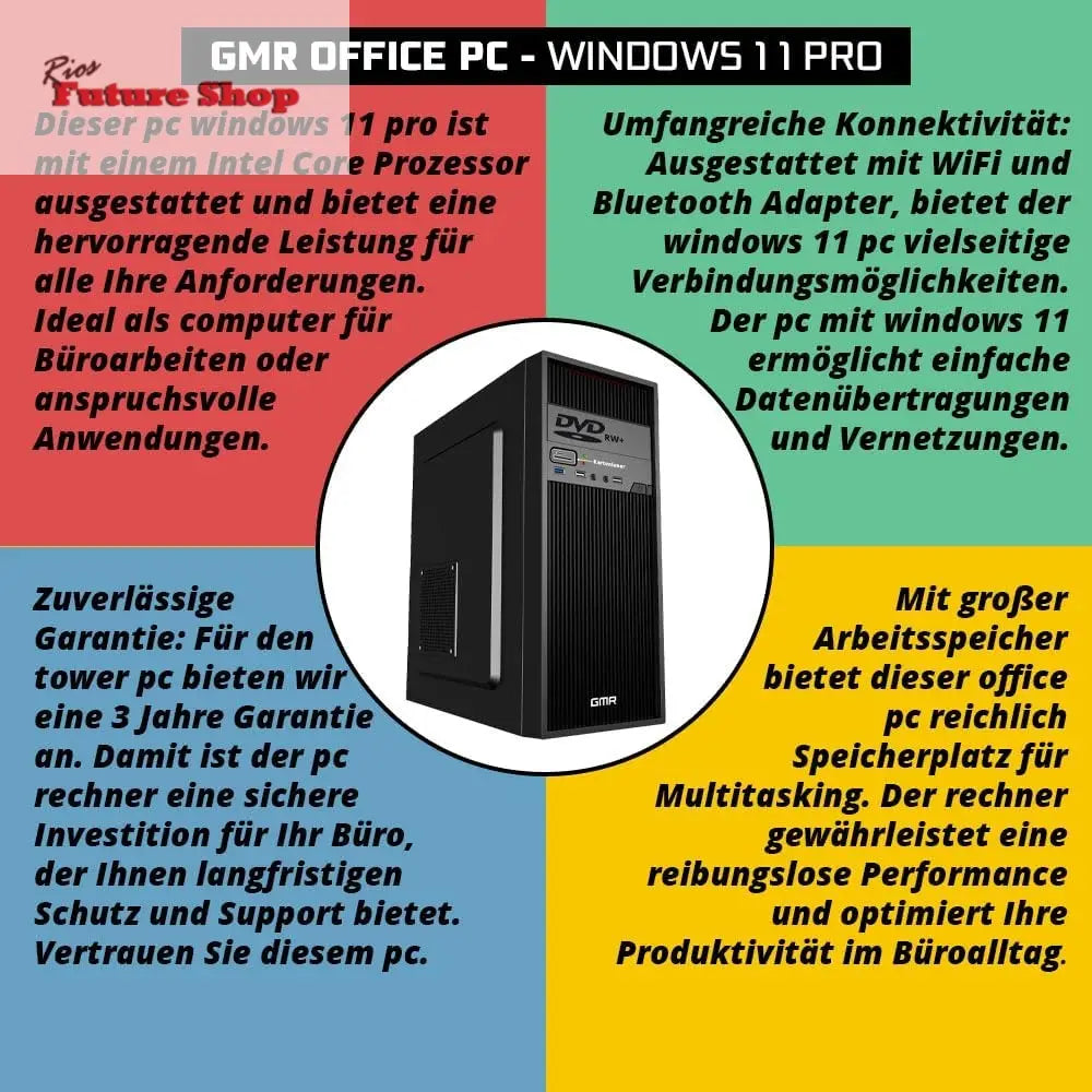 GMR Ultra Intel i7 PC - Calculadora rápida + Ordenador para Oficina y Oficina en casa con 32 GB DDR4 RAM/Memoria RAM - SSD de 2 TB - DVD+RW - USB 3.0 - WiFi 600 y Bluetooth 5 - Win 11 Pro - Rios Future Shop