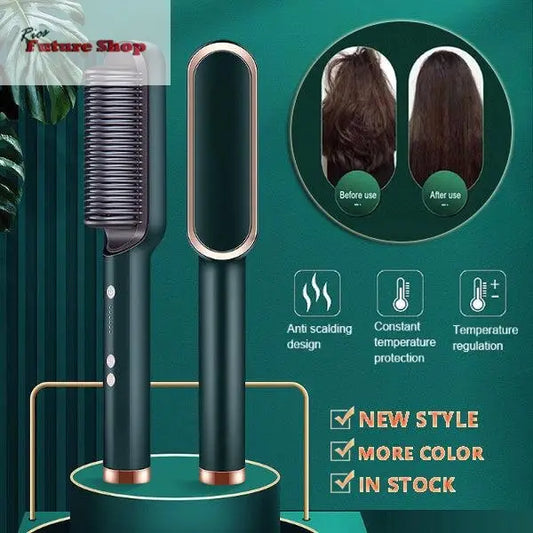 New 2 In 1 Hair Straightener Hot Comb Negative Ion Curling Tong Dual - purpose Electric Hair Brush - Rios Future Shop