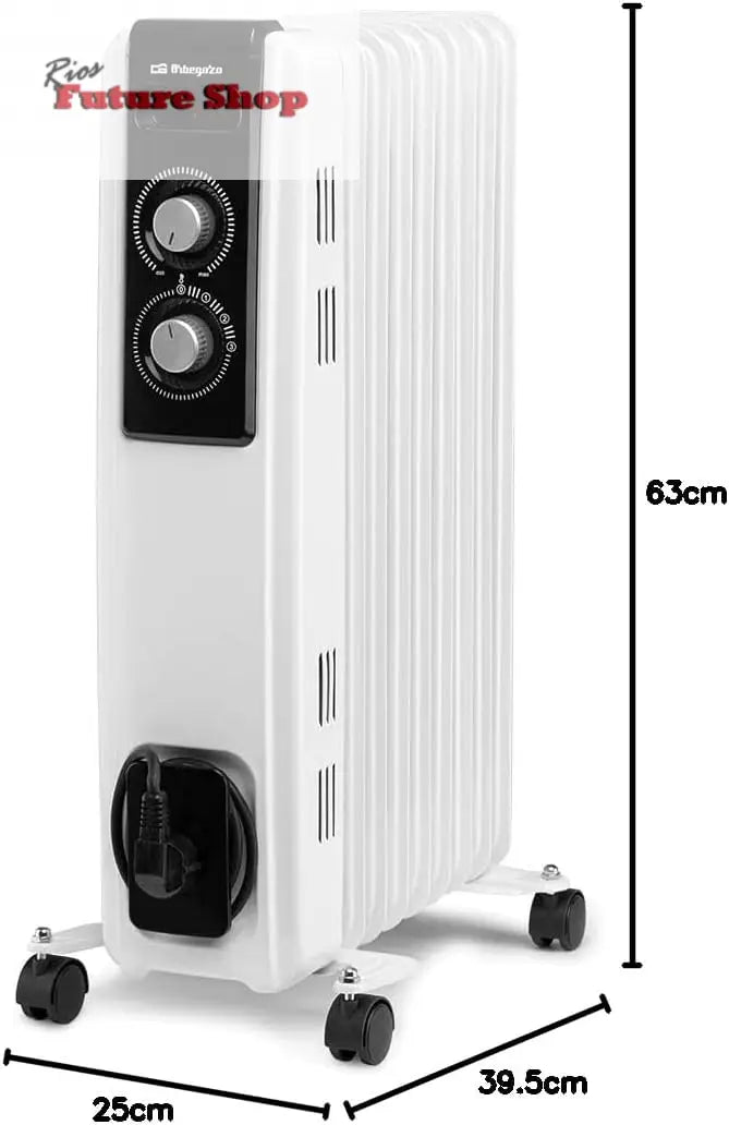 Orbegozo RF 2000, Radiador elétrico de baixo consumo, 2000 W, 3 potências de calor, 9 elementos, termostato regulável, proteção contra superaquecimento, rodas giratórias, cor branca - Rios Future Shop