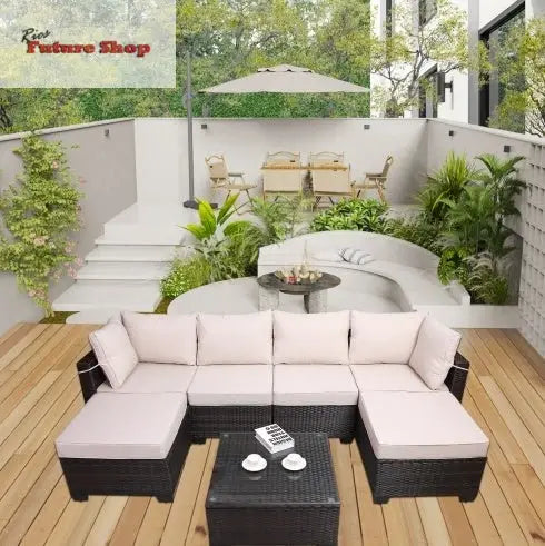 Outdoor Garden Patio Furniture 7Piece PE Rattan Wicker Cushioned Sofa Sets And Coffee Table, Patio Furniture Setoutdoor Couchoutdoor Couch Patio Furnitureoutdoor Sofapatio Couch - Rios Future Shop