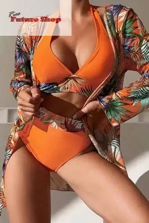 Printed Halter Neck Three-Piece Swim Set eprolo