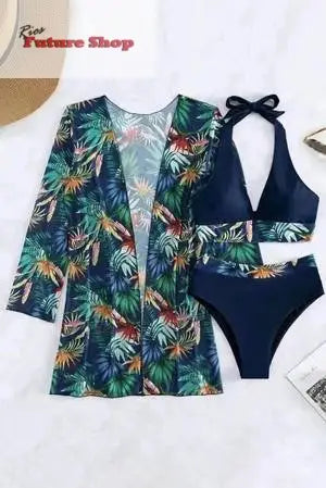 Printed Halter Neck Three-Piece Swim Set eprolo