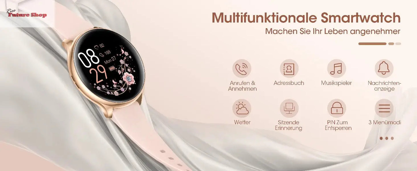 Relógio inteligente para mulheres com função de telefone, tela HD totalmente sensível ao toque de 1,39 polegadas com monitor, ciclo menstrual, monitoramento do sono, pedom - Rios Future Shop