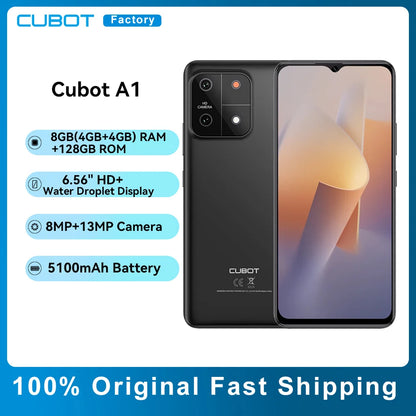 Cubot A1 Smartphone 6.56" HD+Screen 8GB(4GB+4GB)RAM 128GB ROM Octa core Android 13 5100mAh Battery Face ID 13MP Camera Cellphone