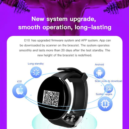 D18 Smart Watch for IOS Android Men Women Bluetooth Fitness Tracker Sports Bracelet Heart Rate Blood Pressure Kids Smartwatch