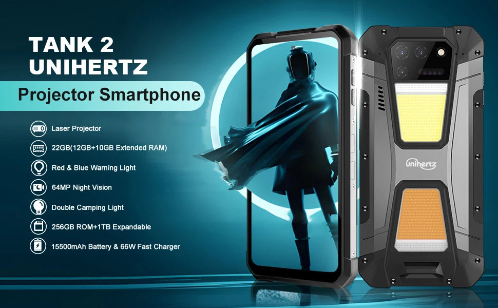 Unihertz 8849 tank 2 waterproof projector smartphone 24GB 512GB Rugged Cellphone 64MP Super night vision 15500mAh phone