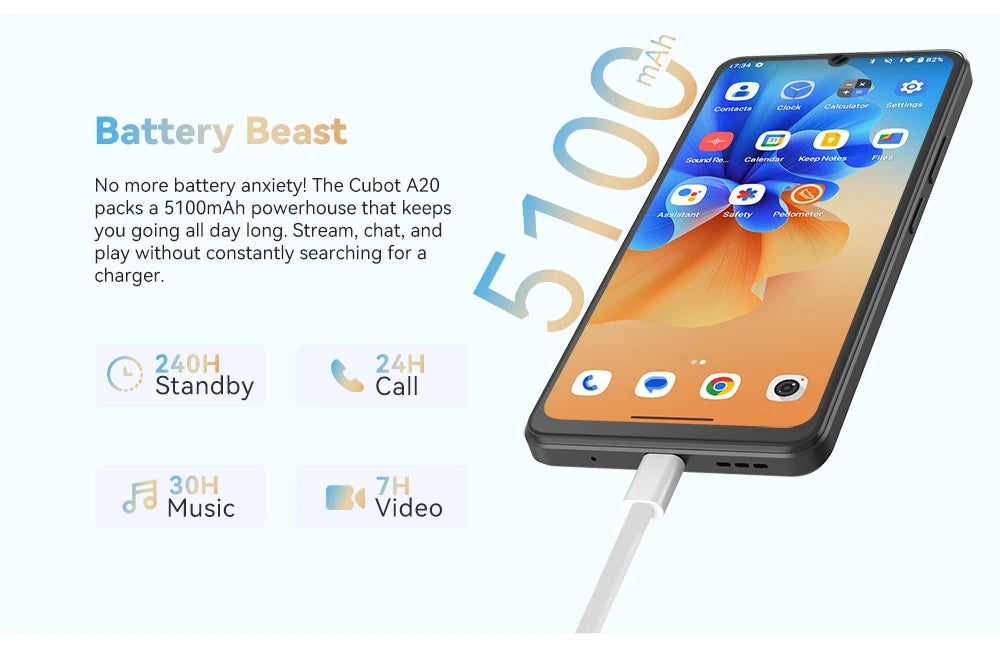 [World Premiere]Cubot A20 4G Smart Phone Android 14 12GB(4GB+8GB Extend)+128GB 90Hz 6.745" HD+Display Face ID 5100mAh Cellphone