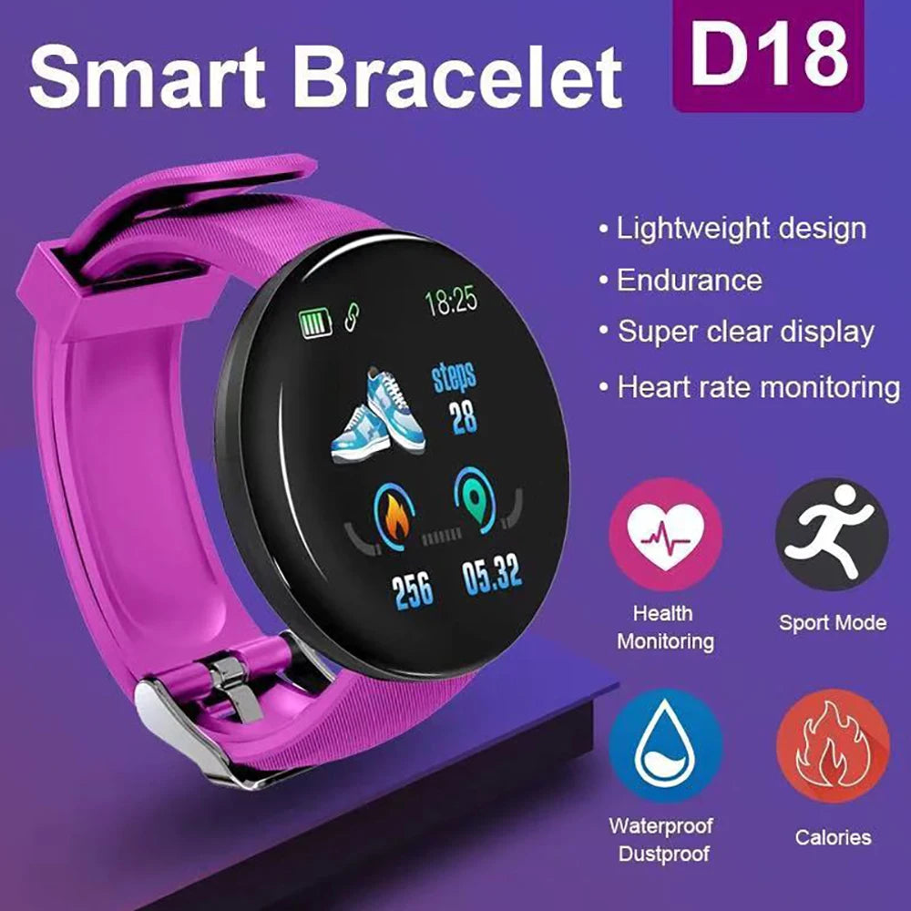 D18 Smart Watch for IOS Android Men Women Bluetooth Fitness Tracker Sports Bracelet Heart Rate Blood Pressure Kids Smartwatch