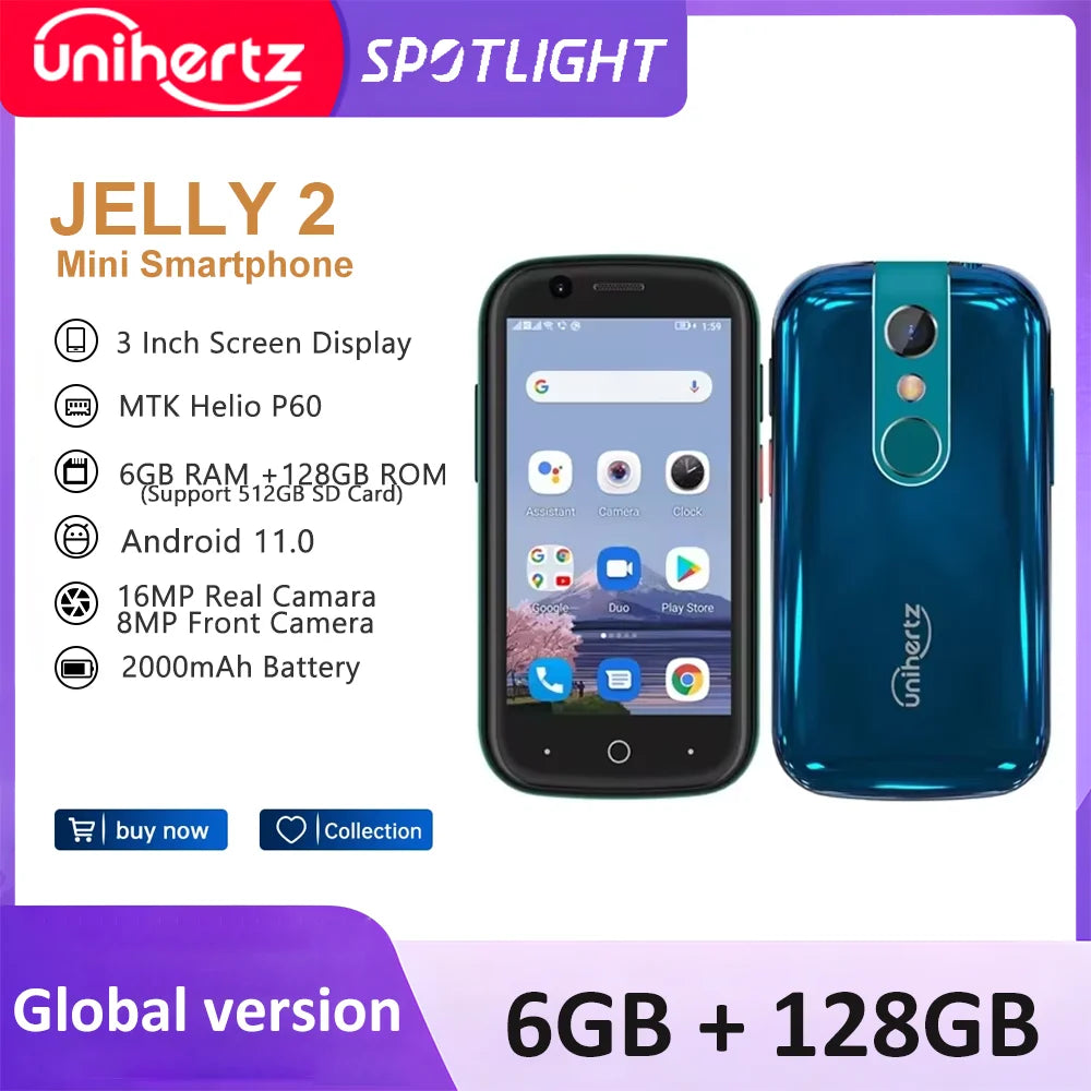 Unihertz Jelly 2 4 inch Mini Smartphone Android 11 Helio P60 Octa Core Unlocked 6GB 128GB NFC Cellphone 16MP Infrared Phone