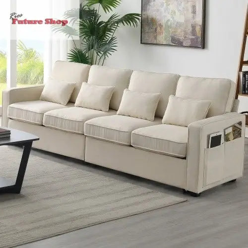 Seater Modern Linen Fabric Sofa With Armrest Pockets And 4 Pillows,Minimalist Style Couch For Living Room, Apartment, Office,3 Colors - Rios Future Shop