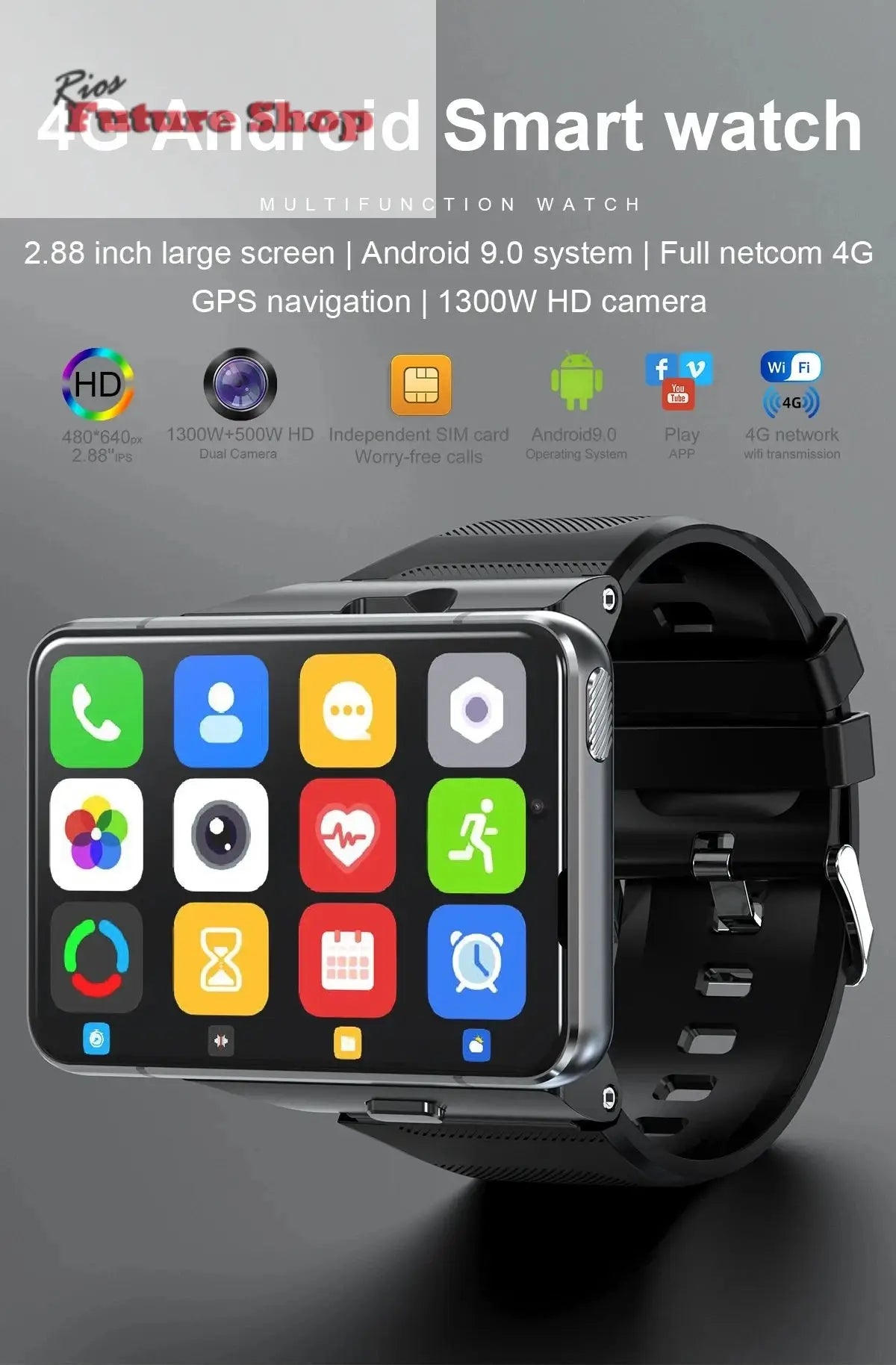 Smart Watch Phone 4G LTE Android 9 4+64GB Smartwatch 2.88" Screen Men Watch 2300mAh Dual Camera Face Unlock GPS WIFI - Rios Future Shop