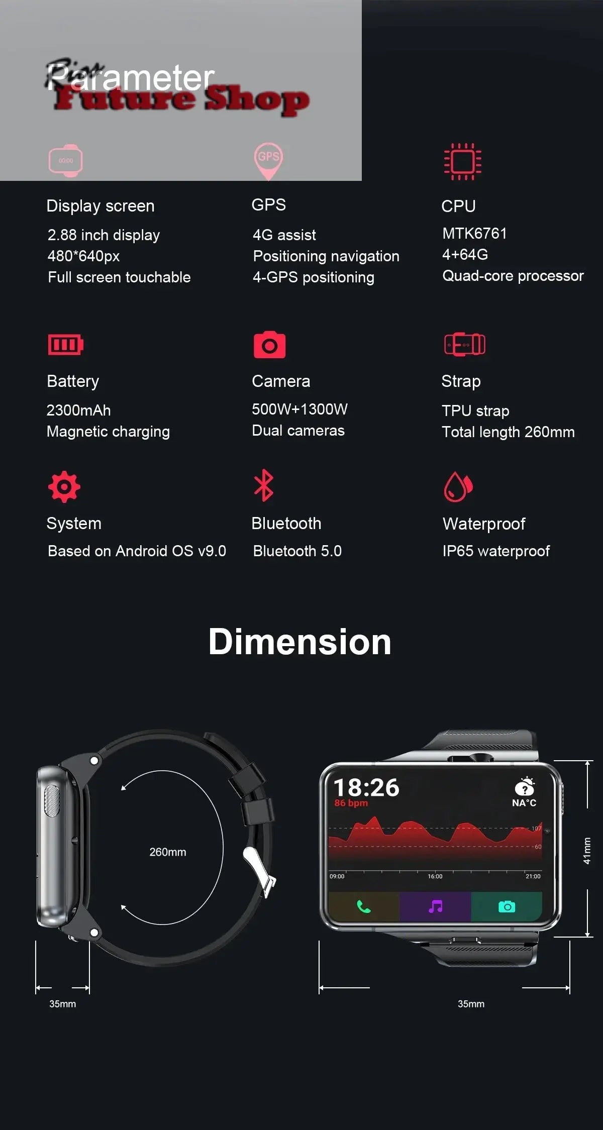 Smart Watch Phone 4G LTE Android 9 4+64GB Smartwatch 2.88" Screen Men Watch 2300mAh Dual Camera Face Unlock GPS WIFI - Rios Future Shop