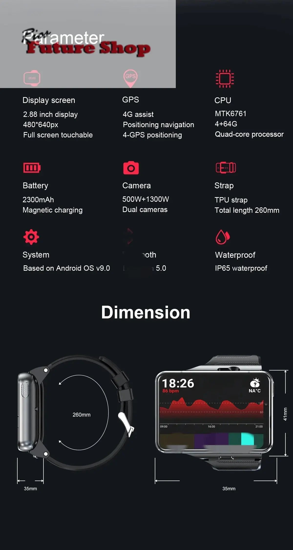 Smart Watch Phone 4G LTE Android 9 4+64GB Smartwatch 2.88" Screen Men Watch 2300mAh Dual Camera Face Unlock GPS WIFI - Rios Future Shop