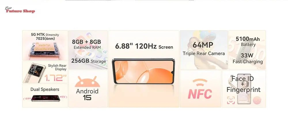 Smartphone 5G Cubot X100, Android 15, Dimensity 7025, 6nm, 2.5GHz,6.88-inch Screen,16GB(8+8),256GB, 64MP Camera, 5100mAh Battery - Rios Future Shop