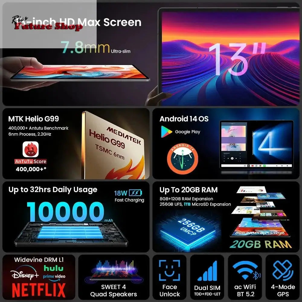 T65 Max 13" HD Display Android 14 Tablet MediaTek Rios Future Shop