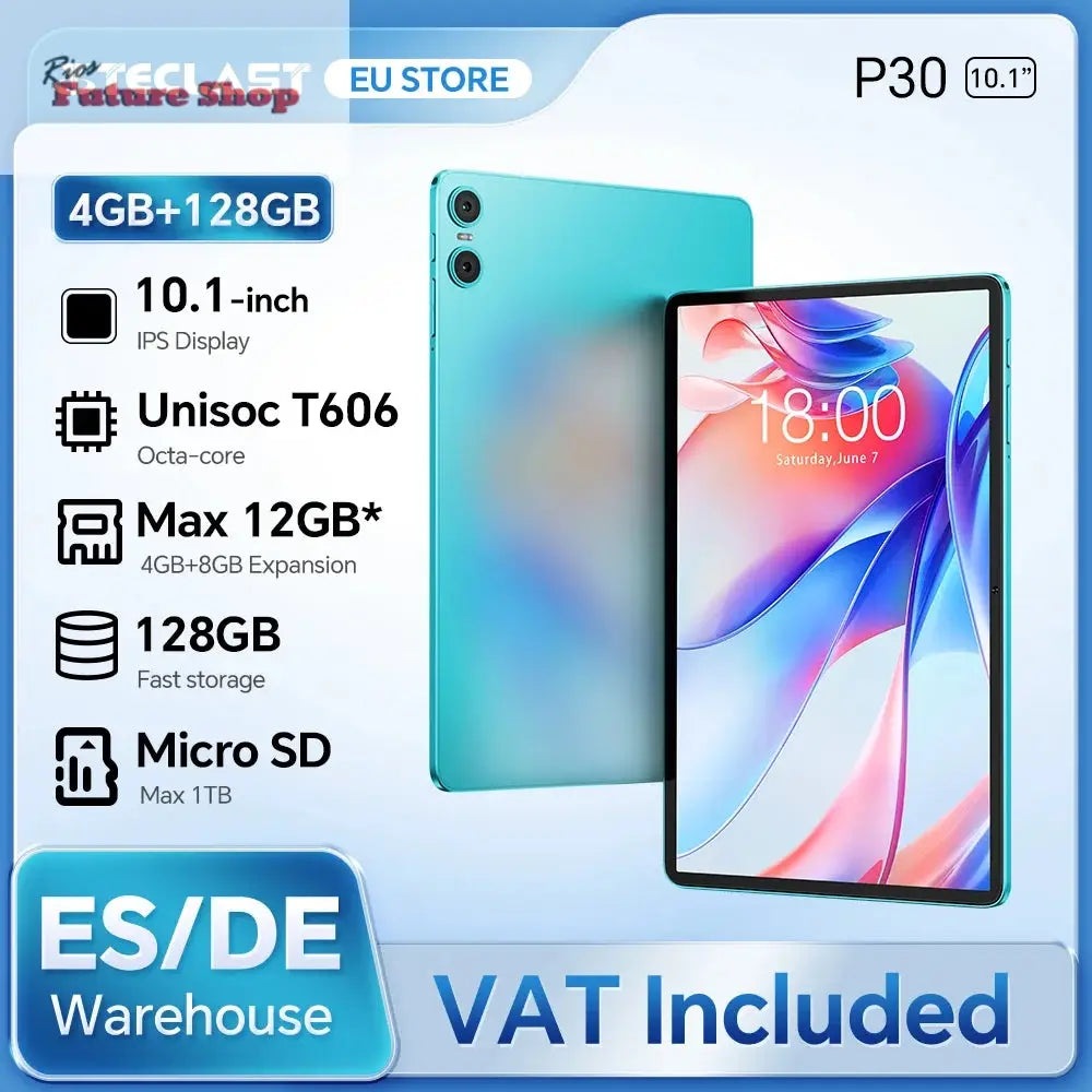 Teclast P30 Android 14 Tablet, 10.1 Inch, up to 12Gb Ram, 128Gb Rom, 1280X800 Ips, Unisoc T606, 8 Cores, 6000 Mah - Rios Future Shop