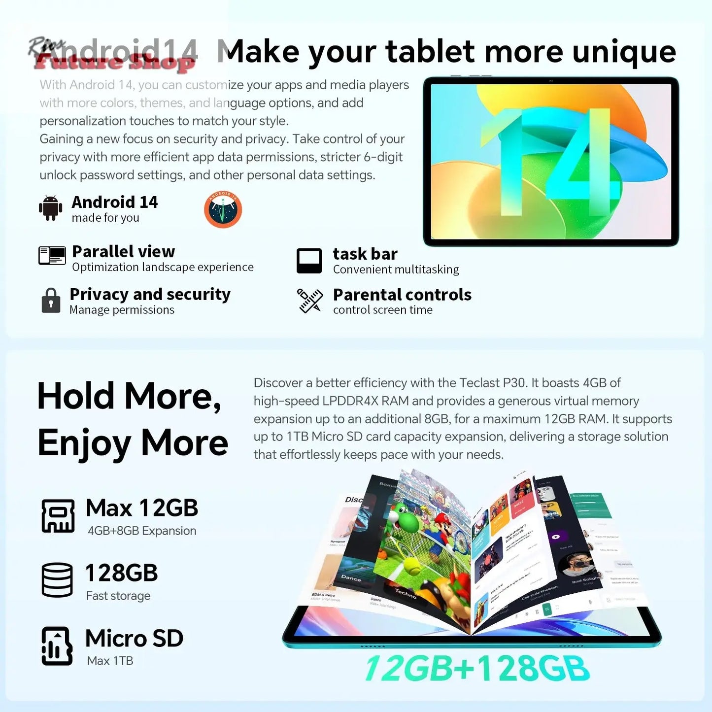 Teclast P30 Android 14 Tablet, 10.1 Inch, up to 12Gb Ram, 128Gb Rom, 1280X800 Ips, Unisoc T606, 8 Cores, 6000 Mah - Rios Future Shop