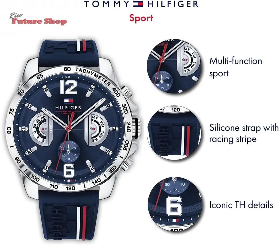 Tommy Hilfiger Relógio analógico multifuncional de quartzo para homens com correia de silicone, aço inoxidável ou couro, subesferas para dia e data, resistente à água até 5ATM. - Rios Future Shop