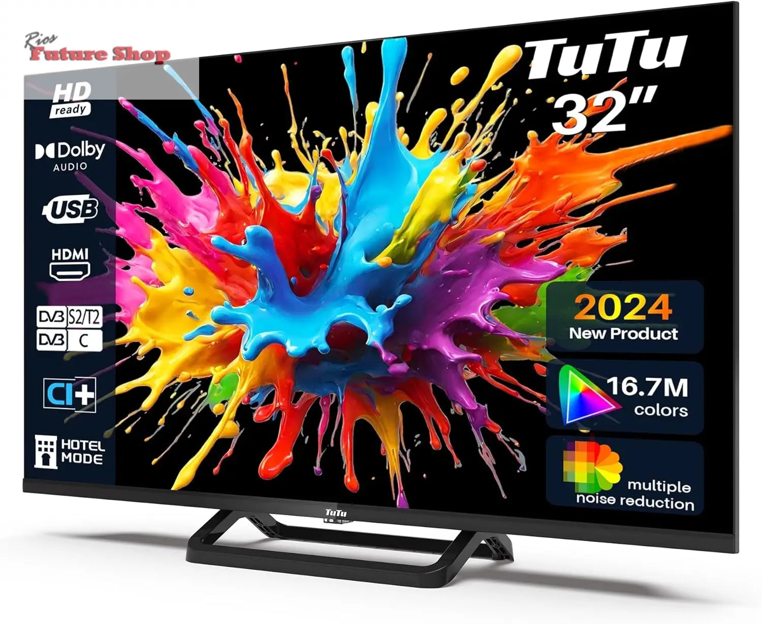 TuTu Televisores LED HD de 32 polegadas sem moldura TV com sintonizador digital DVB-T/T2-C-S/S2, HDMI, USB gravador leitor, modo de hotel, peana central (TUB32HN1NC, 2024) - Rios Future Shop