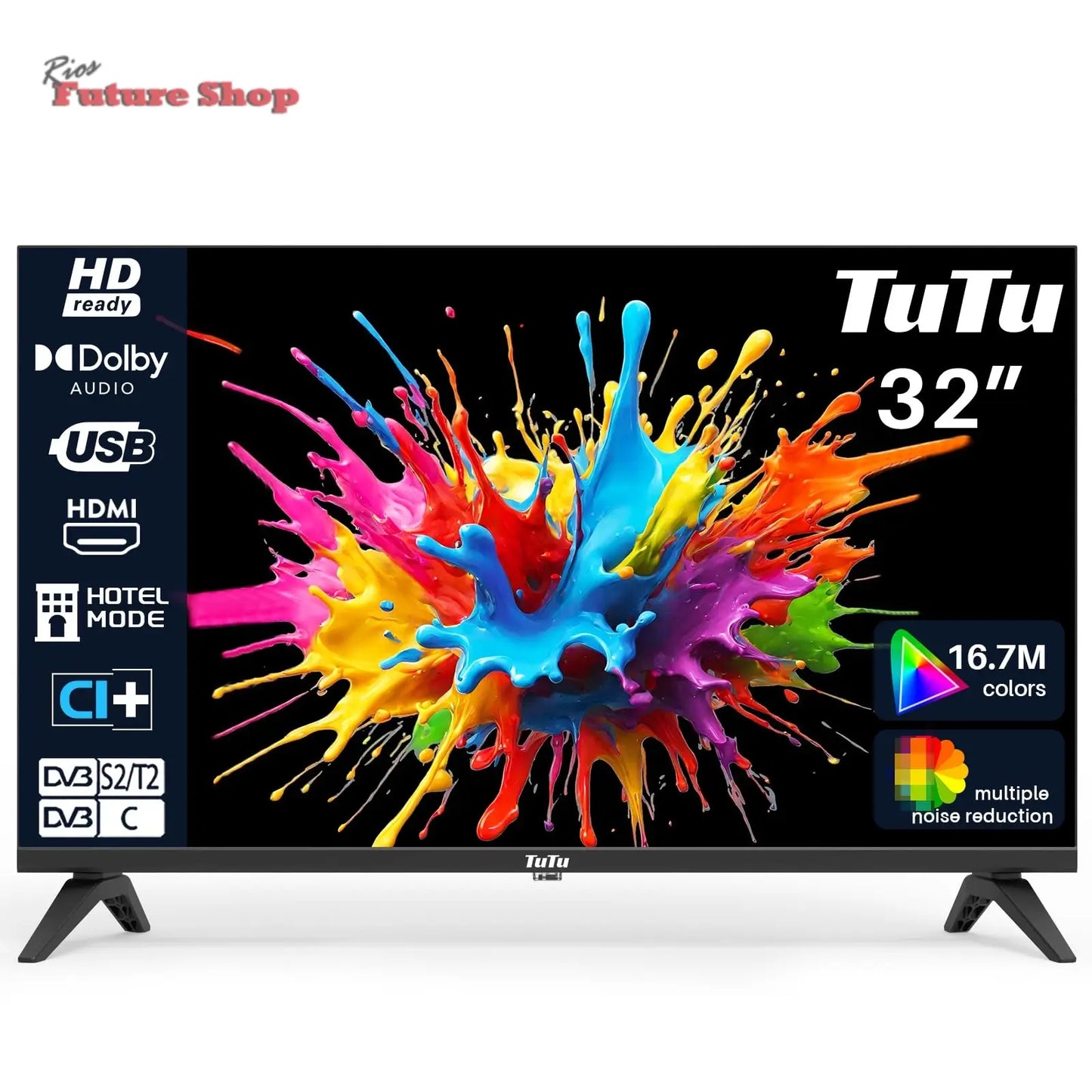 TuTu Televisores LED HD de 32 polegadas sem moldura TV com sintonizador digital DVB-T/T2-C-S/S2, HDMI, USB gravador leitor, modo de hotel, peana central (TUB32HN1NC, 2024) - Rios Future Shop