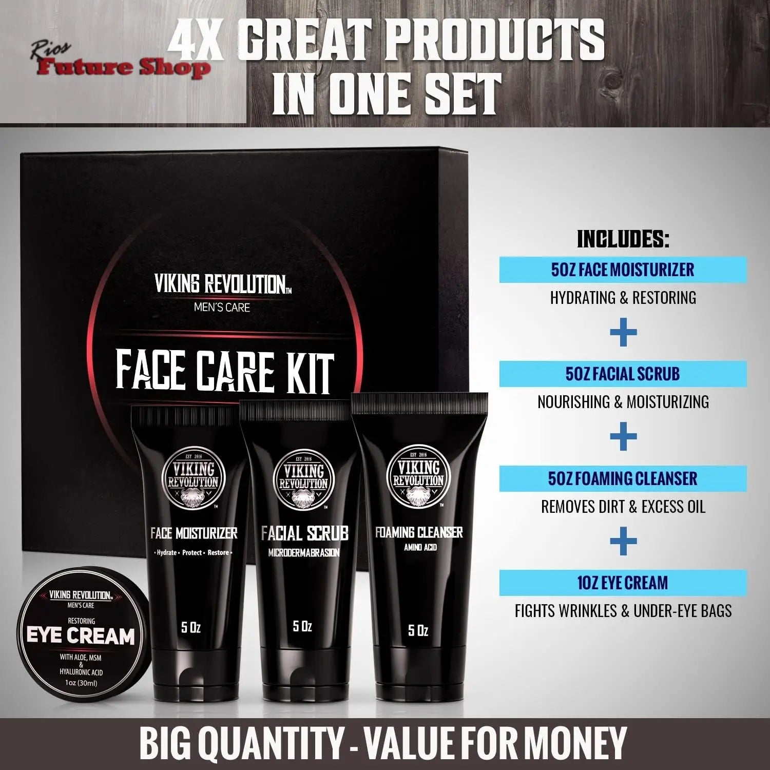 Viking Revolution - Kit de cuidados com a pele para homens - Skin Care homem - presente para homem - inclui creme hidratante, esfoliante facial, espuma de limpeza (142 g) e creme para os olhos (29 g) - Rios Future Shop