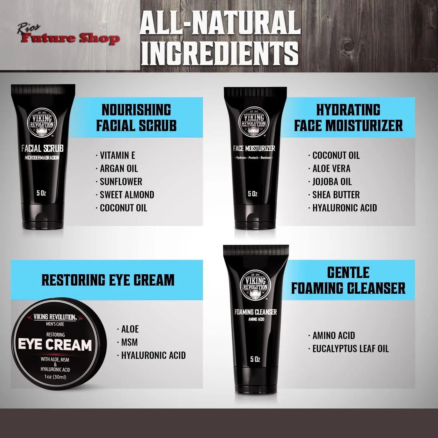 Viking Revolution - Kit de cuidados com a pele para homens - Skin Care homem - presente para homem - inclui creme hidratante, esfoliante facial, espuma de limpeza (142 g) e creme para os olhos (29 g) - Rios Future Shop