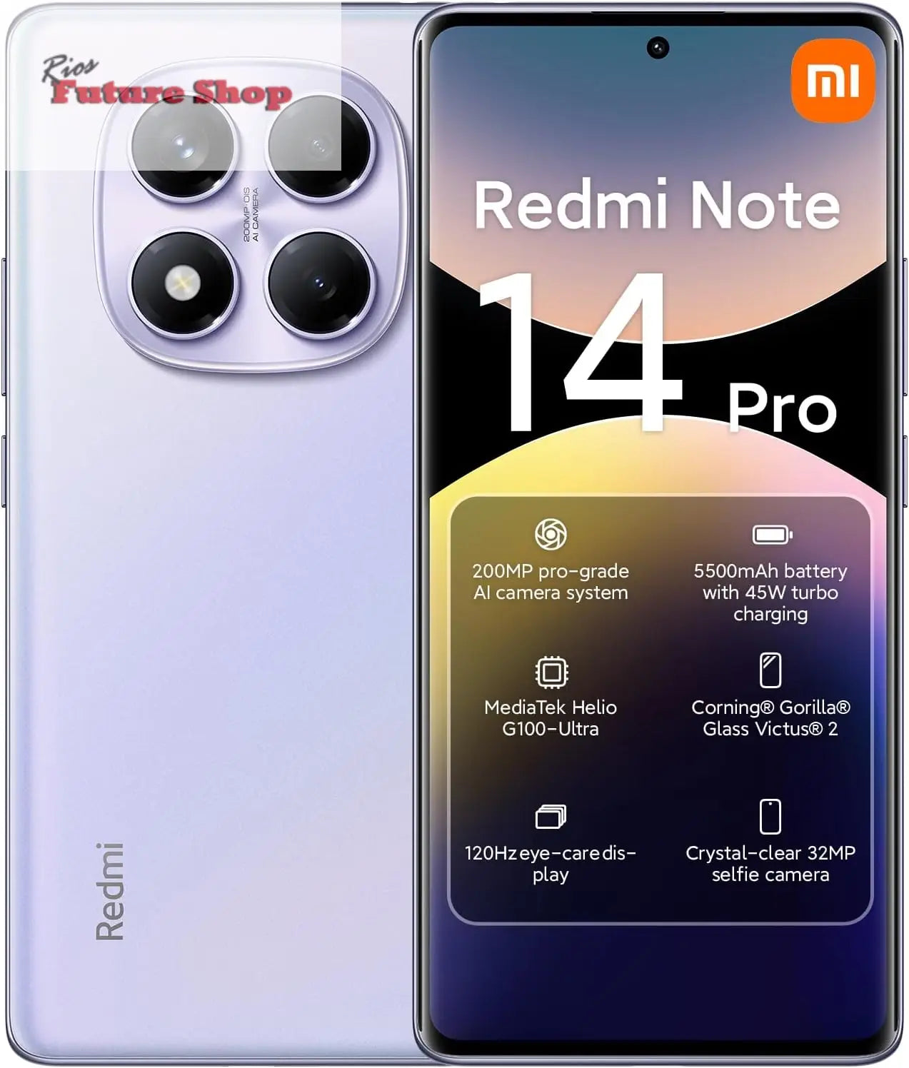 XIAOMI Redmi Note 14 Pro Smartphone de 8+256 GB, ecrã de 6,67" AMOLED FHD+ 120Hz, MediaTek Helio G100-Ultra, câmara de 200 MP, TurboCharge 45W, 5500 mAh, carregador não incluído Indo, roxo (Versão ES) - Rios Future Shop