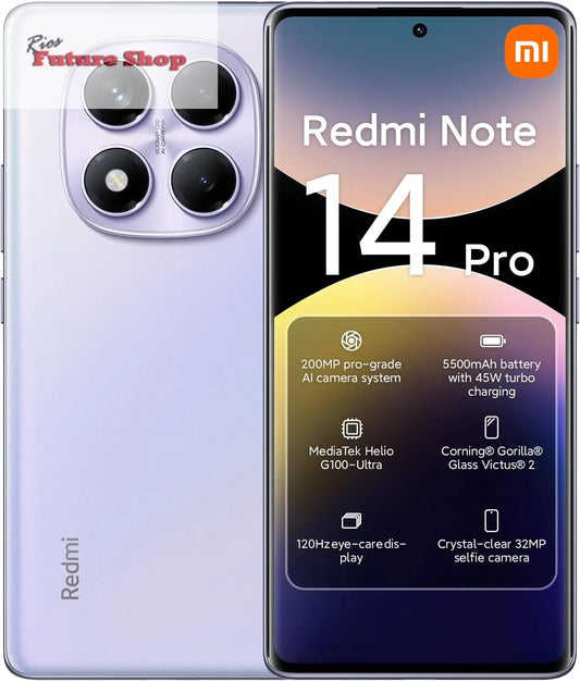 XIAOMI Redmi Note 14 Pro Smartphone de 8+256 GB, ecrã de 6,67" AMOLED FHD+ 120Hz, MediaTek Helio G100-Ultra, câmara de 200 MP, TurboCharge 45W, 5500 mAh, carregador não incluído Indo, roxo (Versão ES) - Rios Future Shop