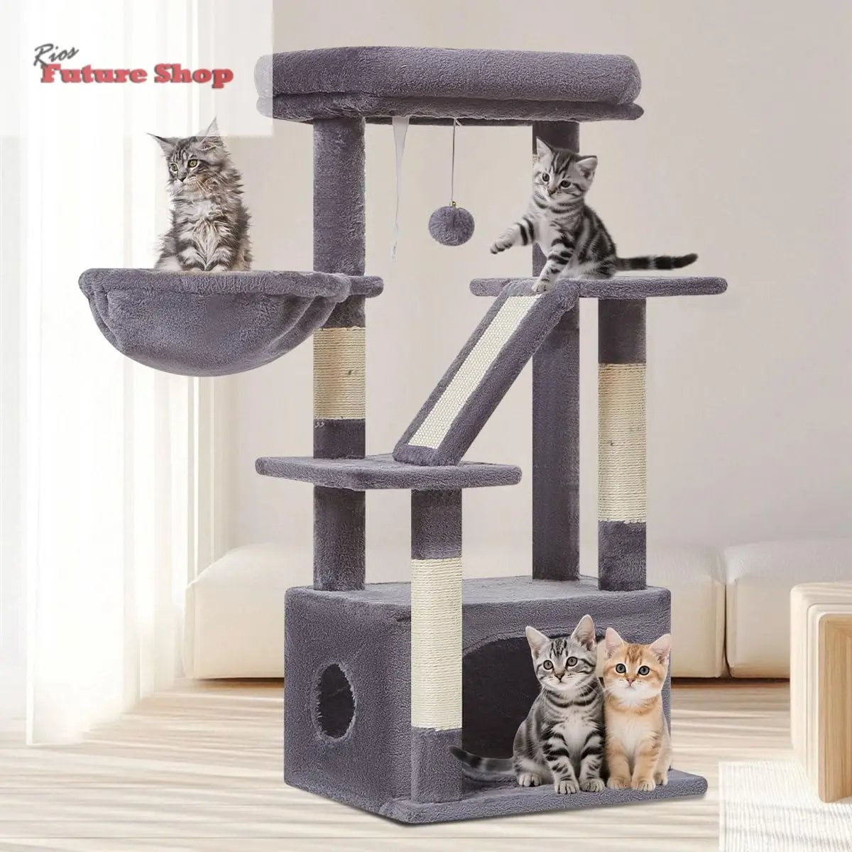 Taoqimiao Árvore Raspador para Gatos, 97cm Árvores de Atividades para Gatos com 1 Plataformas, 1 Cuevas, Cesta, MS029SW Gris Claro