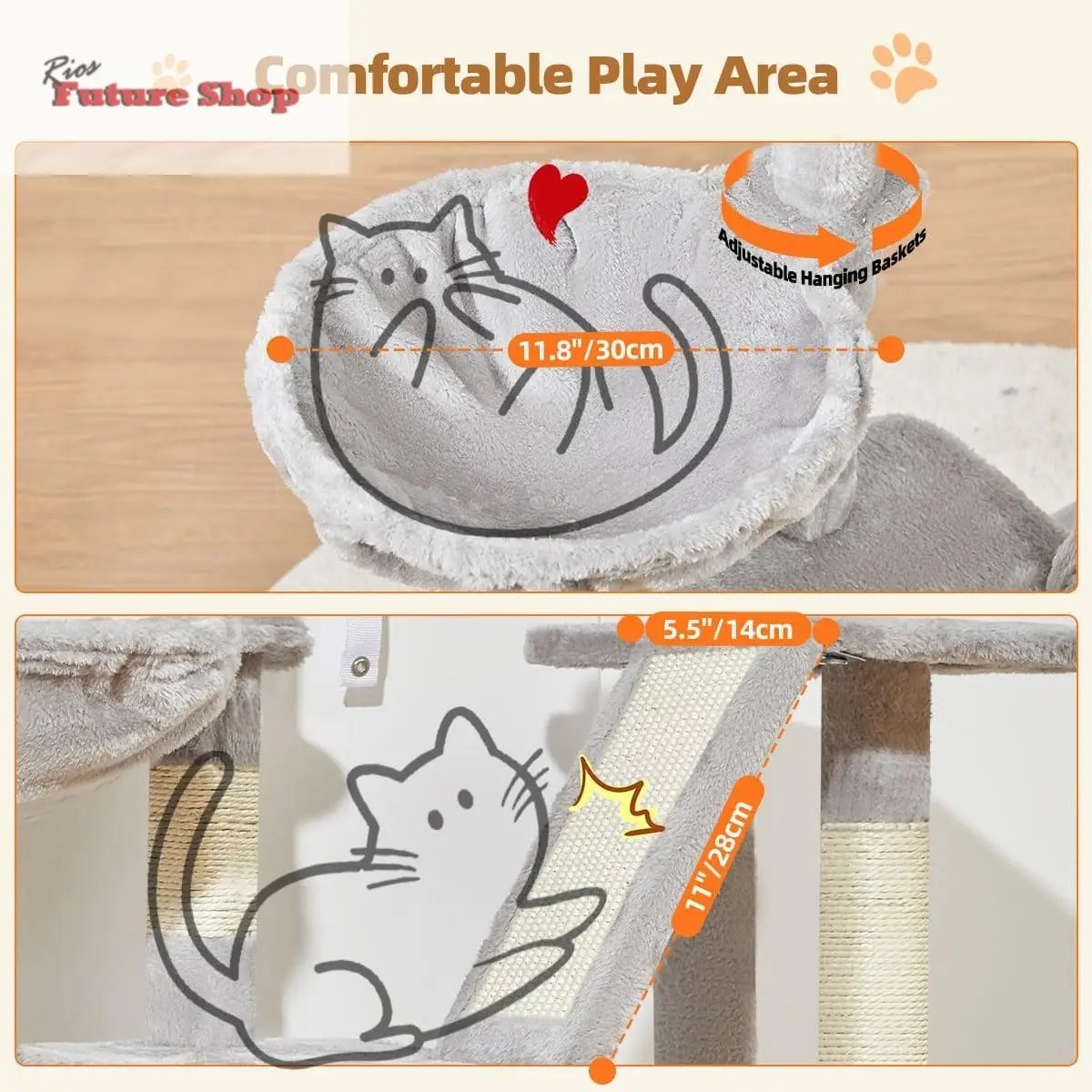 Taoqimiao Árvore Raspador para Gatos, 97cm Árvores de Atividades para Gatos com 1 Plataformas, 1 Cuevas, Cesta, MS029SW Gris Claro