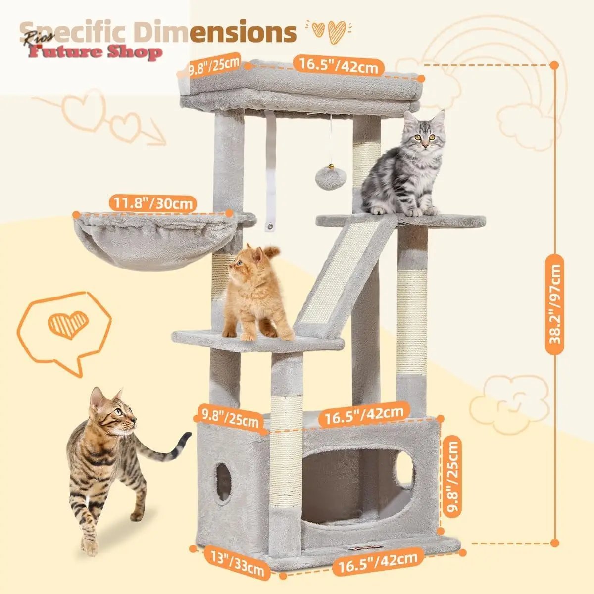 Taoqimiao Árvore Raspador para Gatos, 97cm Árvores de Atividades para Gatos com 1 Plataformas, 1 Cuevas, Cesta, MS029SW Gris Claro