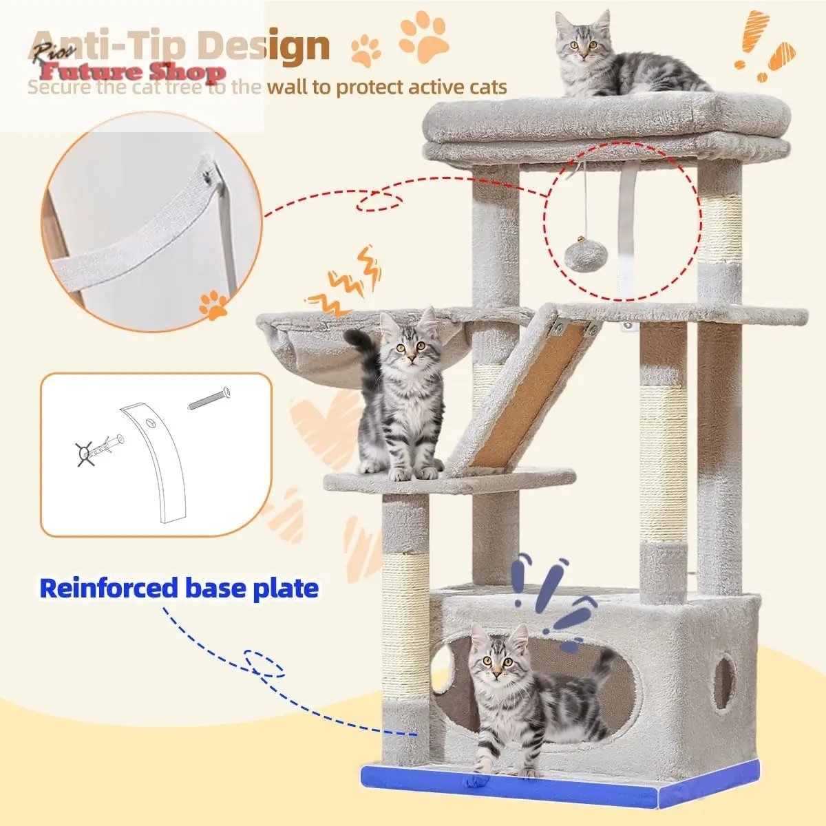 Taoqimiao Árvore Raspador para Gatos, 97cm Árvores de Atividades para Gatos com 1 Plataformas, 1 Cuevas, Cesta, MS029SW Gris Claro