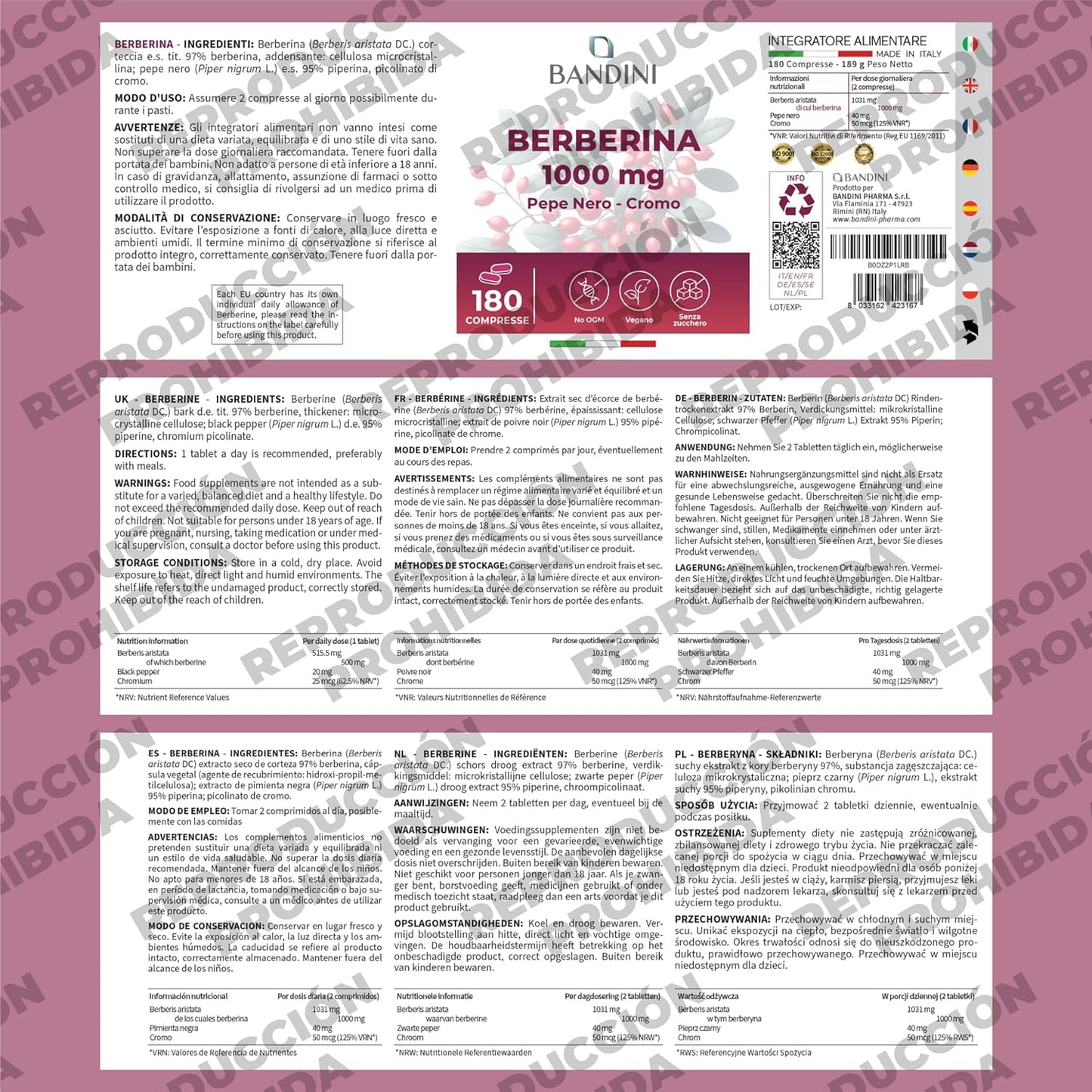 Bandini® Berberina 1000mg pura alta dosificación | 180 comprimidos veganos - Rios Future Shop