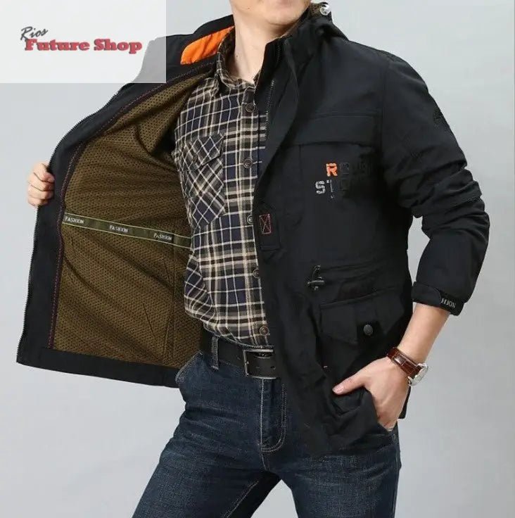 Casaco cross - border masculino de comprimento médio casual ao ar livre com capuz plus size casaco masculino primavera e outono - Rios Future Shop