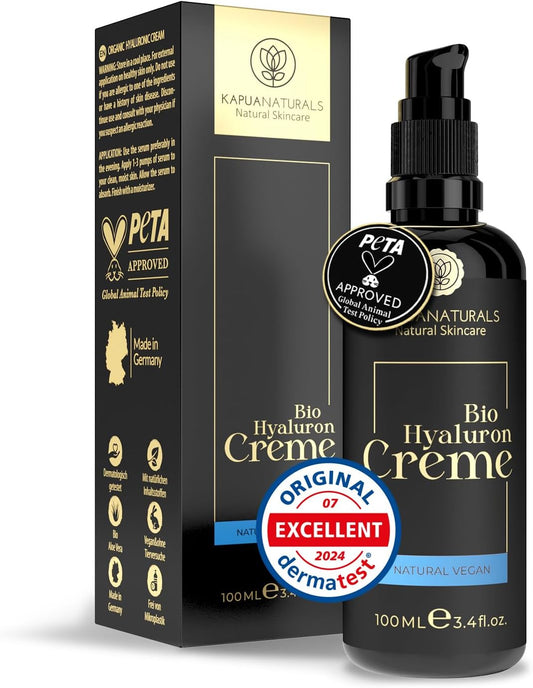 Crema Facial de Acido Hialuronico • 100ml • Crema Hidratante Facial • ORGÁNICA & VEGANO • Cosmética natural y sostenible • con Aloe Vera •Crema hidratante antiedad para hombres y mujeres