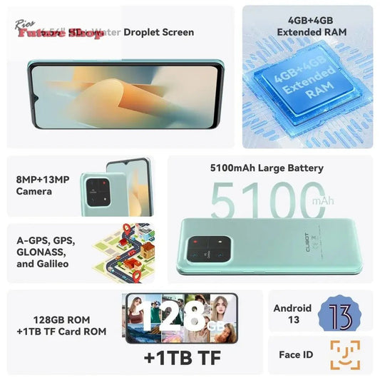 Cubot A1 Smartphone 6.56" HD+Screen 8GB(4GB+4GB)RAM 128GB ROM Octa core Android 13 5100mAh Battery Face ID 13MP Camera Cellphone - Rios Future Shop