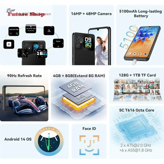Cubot A20 4G Smart Phone Android 14 12GB(4GB+8GB Extend)+128GB 90Hz 6.745" HD+Display Face ID 5100mAh Cellphone - Rios Future Shop