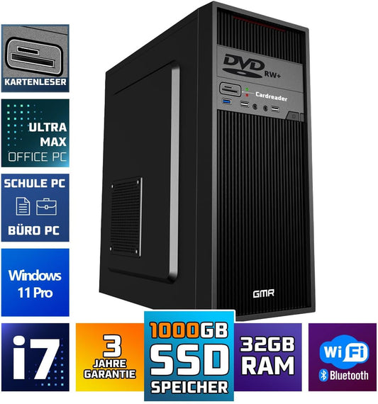 GMR Ultra Intel i7 PC - Calculadora rápida + Ordenador para Oficina y Oficina en casa con 32 GB DDR4 RAM/Memoria RAM - SSD de 2 TB - DVD+RW - USB 3.0 - WiFi 600 y Bluetooth 5 - Win 11 Pro