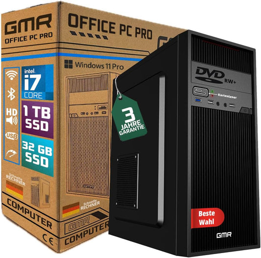 GMR Ultra Intel i7 PC - Calculadora rápida + Ordenador para Oficina y Oficina en casa con 32 GB DDR4 RAM/Memoria RAM - SSD de 2 TB - DVD+RW - USB 3.0 - WiFi 600 y Bluetooth 5 - Win 11 Pro