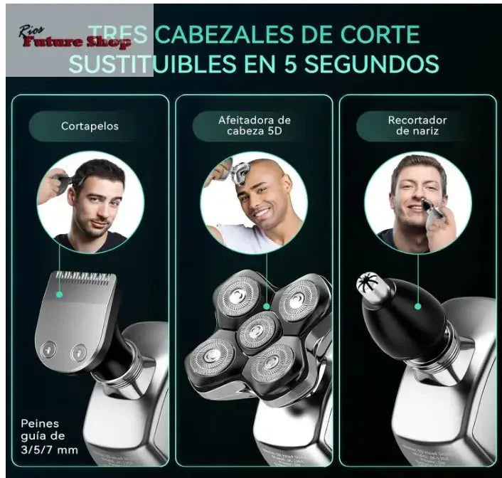 IPX6 impermeável máquina de barbear cabeça para carvo com cabeças magnéticas 5D, corta-pelos e nariz, barbear a seco e húmido, carregamento USB-C - Rios Future Shop