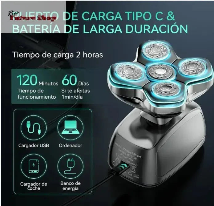 IPX6 impermeável máquina de barbear cabeça para carvo com cabeças magnéticas 5D, corta-pelos e nariz, barbear a seco e húmido, carregamento USB-C - Rios Future Shop
