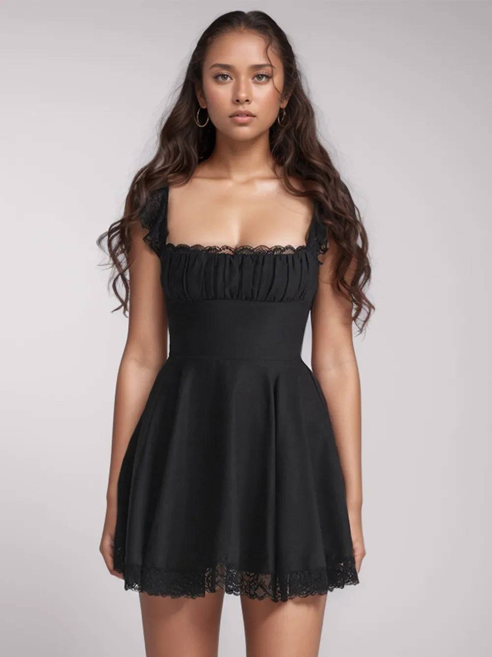 Lace Detail Square Neck Cap Sleeve Mini Dress - Rios Future Shop