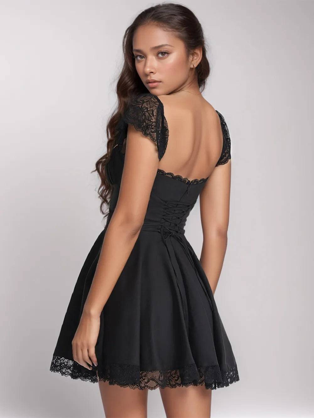 Lace Detail Square Neck Cap Sleeve Mini Dress - Rios Future Shop
