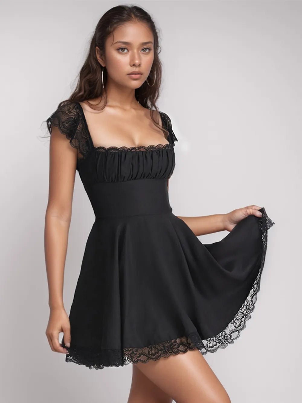 Lace Detail Square Neck Cap Sleeve Mini Dress - Rios Future Shop