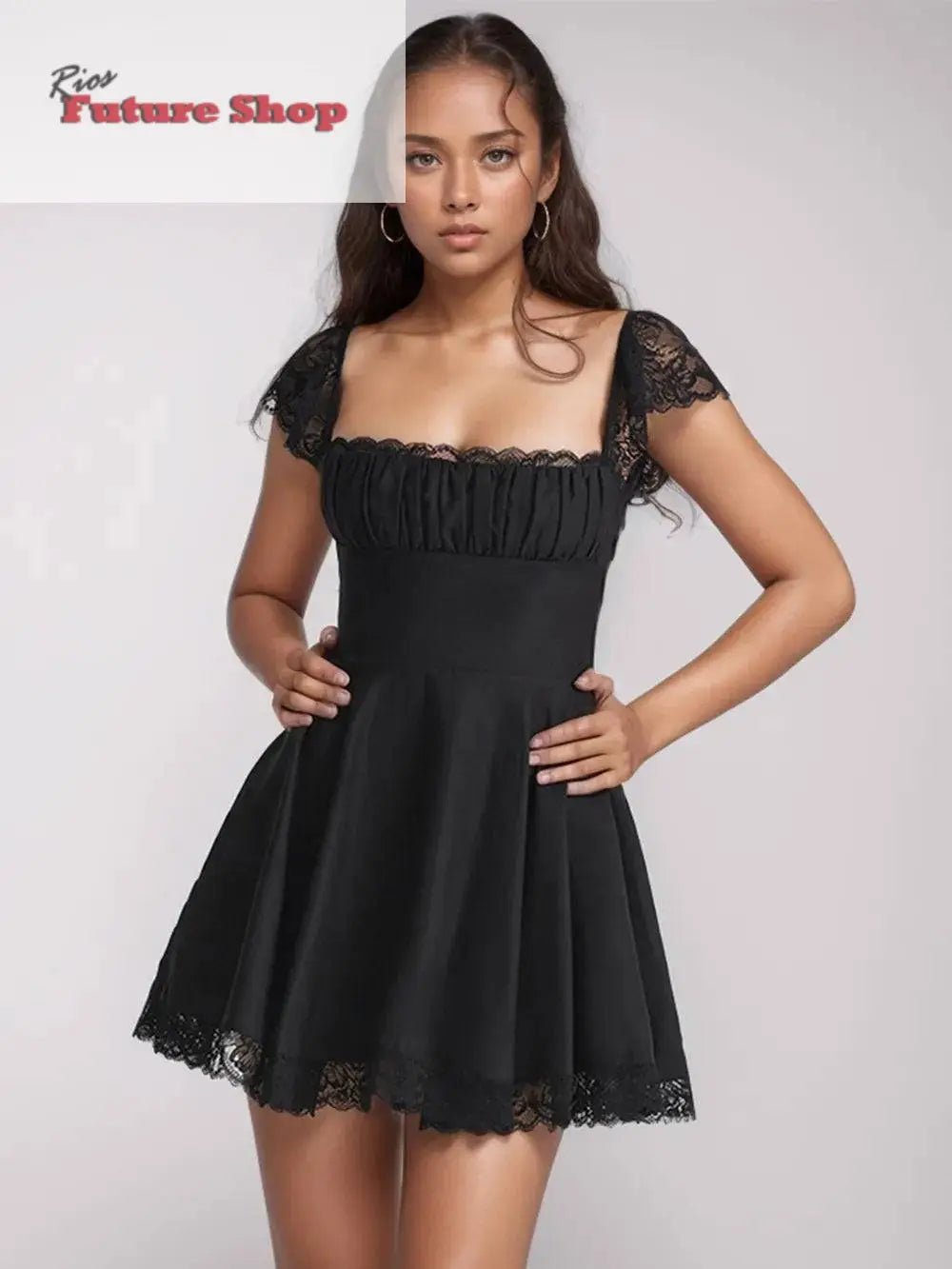 Lace Detail Square Neck Cap Sleeve Mini Dress - Rios Future Shop