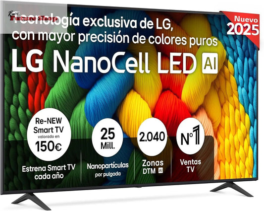 LG 75NANO80A6B Televisão de 75", 4K, NanoCell, Smart TV, LED IA, WebOS 25, processador potente e inteligente, Super Upscaling, Dolby Digital Plus, Alexa/Google Assistant, preto