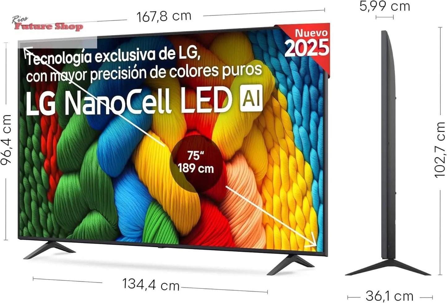 LG 75NANO80A6B Televisão de 75", 4K, NanoCell, Smart TV, LED IA, WebOS 25, processador potente e inteligente, Super Upscaling, Dolby Digital Plus, Alexa/Google Assistant, preto