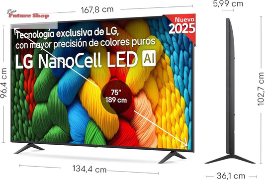 LG 75NANO80A6B Televisão de 75", 4K, NanoCell, Smart TV, LED IA, WebOS 25, processador potente e inteligente, Super Upscaling, Dolby Digital Plus, Alexa/Google Assistant, preto