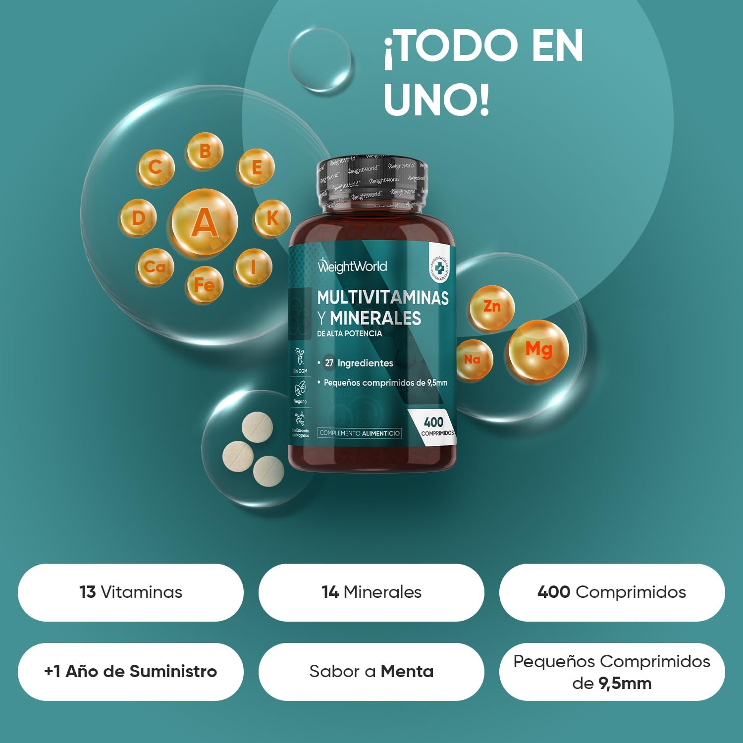 Multivitaminas y Minerales, 400 Comprimidos Veganos, 27 Vitaminas y Minerales - Rios Future Shop
